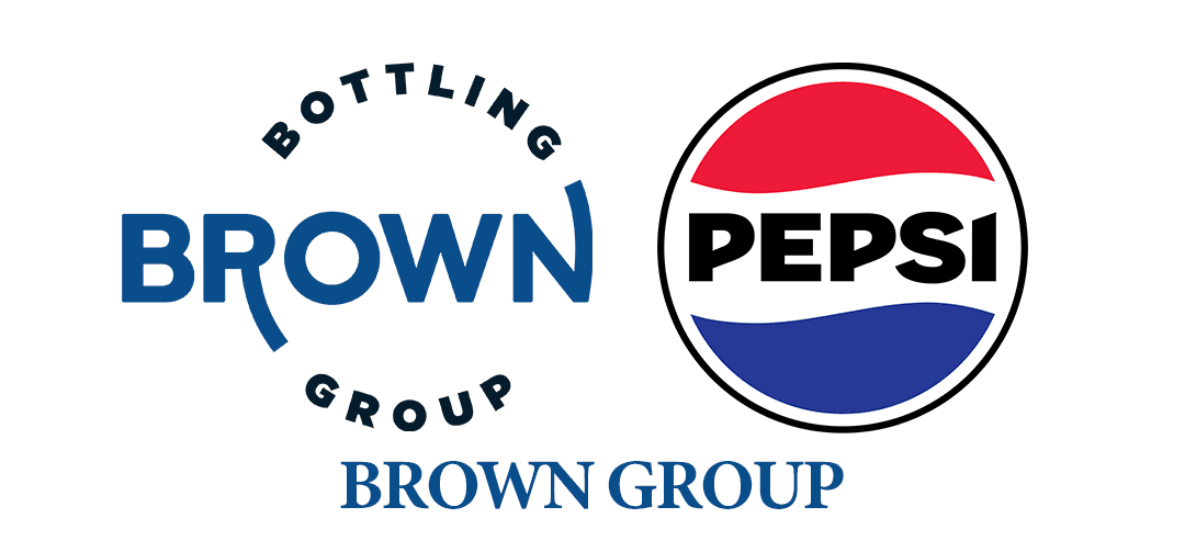 Logos for Brown Group and Pepsi, with "BOTTLING GROUP" displayed above the Brown Group logo and the Pepsi logo featuring red, white, and blue colors with a circular design.