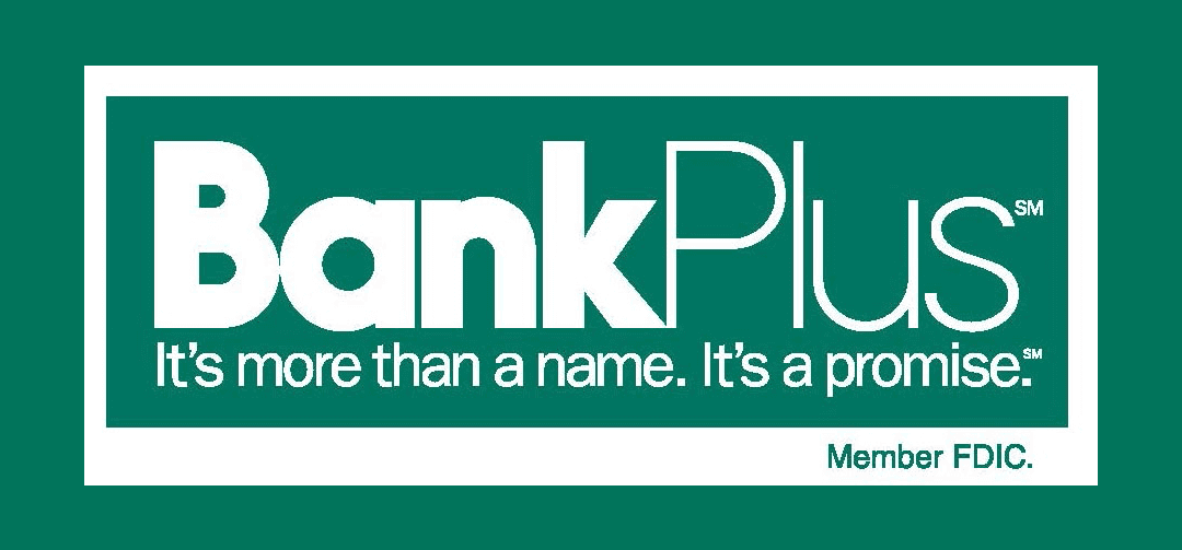 Green advertisement featuring the text "BankPlus" in large font. Below are the words "It's more than a name. It's a promise." and "Member FDIC."