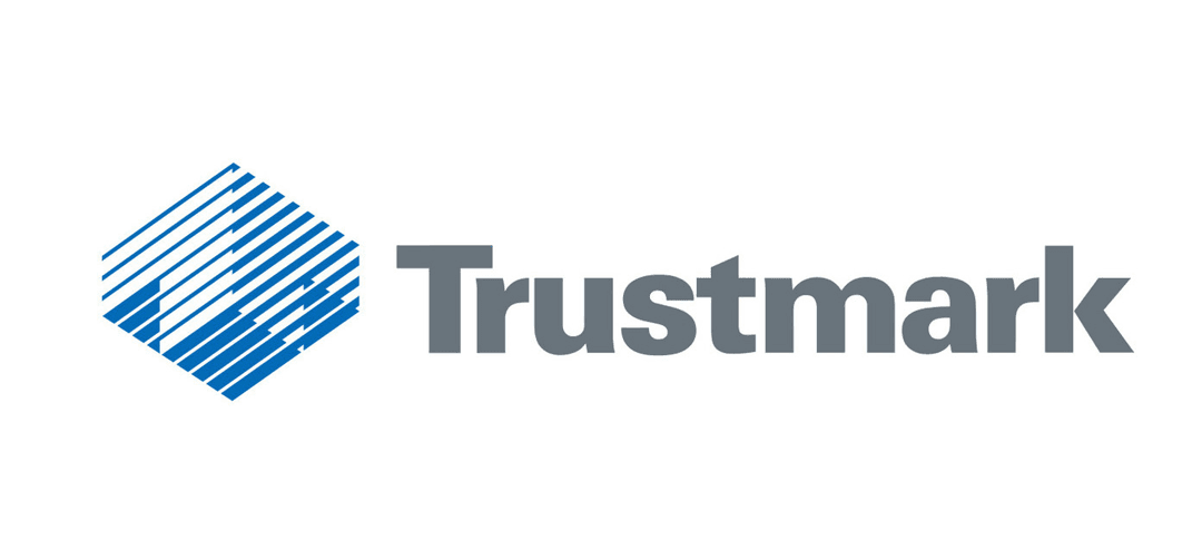 Logo featuring a blue diamond shape with diagonal stripes and the word "Trustmark" in gray.