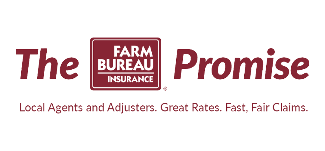 The text reads, "The Farm Bureau Promise. Local Agents and Adjusters. Great Rates. Fast, Fair Claims." The background is a simple, light-colored design.