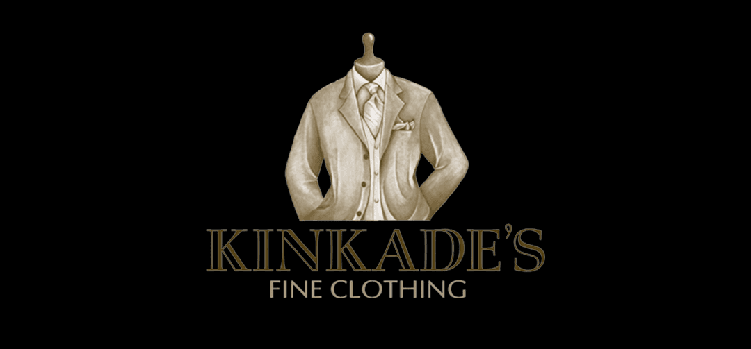 A logo features a stylized illustration of a suit jacket with a dress shirt and tie, accompanied by the text "Kinkade's Fine Clothing" below it. The background is black.