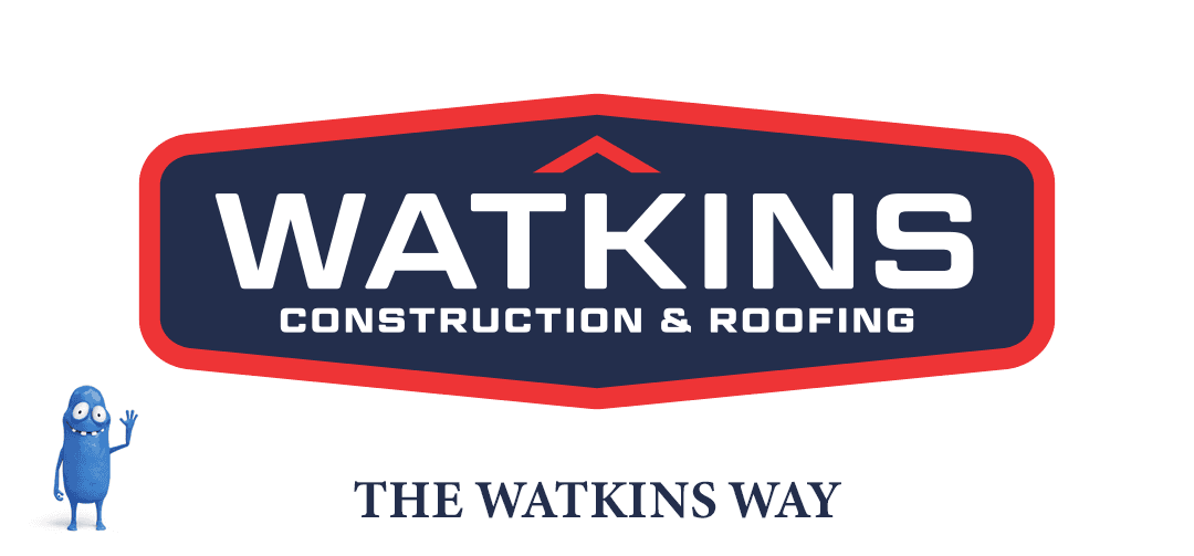 Logo featuring the text "WATKINS CONSTRUCTION & ROOFING" prominently displayed in white on a dark blue background, with a cartoon blue character waving on the left. Below, the phrase "THE WATKINS WAY" is in smaller text.
