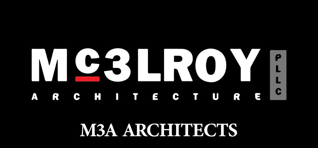 Logo featuring the text "MC3LROY ARCHITECTURE PLLC" with "M3A ARCHITECTS" below in smaller font. The design includes a red accent in the first line. The background is black.
